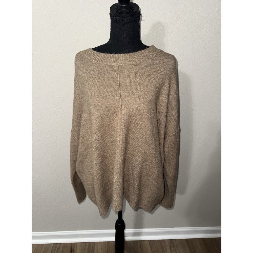 Vince Camuto Sweater L Taupe Tan Heathered Oversized Knit Pullover Large Seam